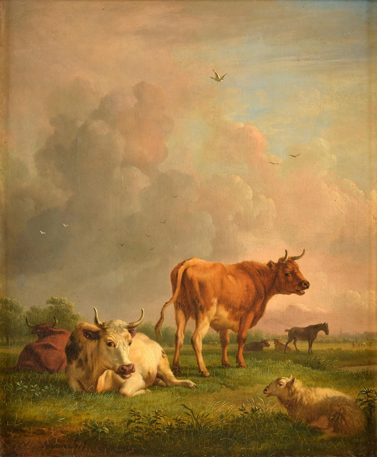 Balthasar Ommeganck - Un paesaggio con mucche che abbeverano e una pastorella che rammenda